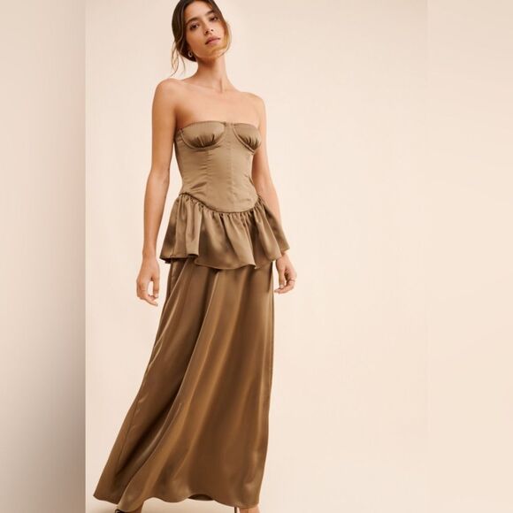 WeWoreWhat Strapless Corset Peplum Maxi Dress Brown 0 - Picture 10 of 10